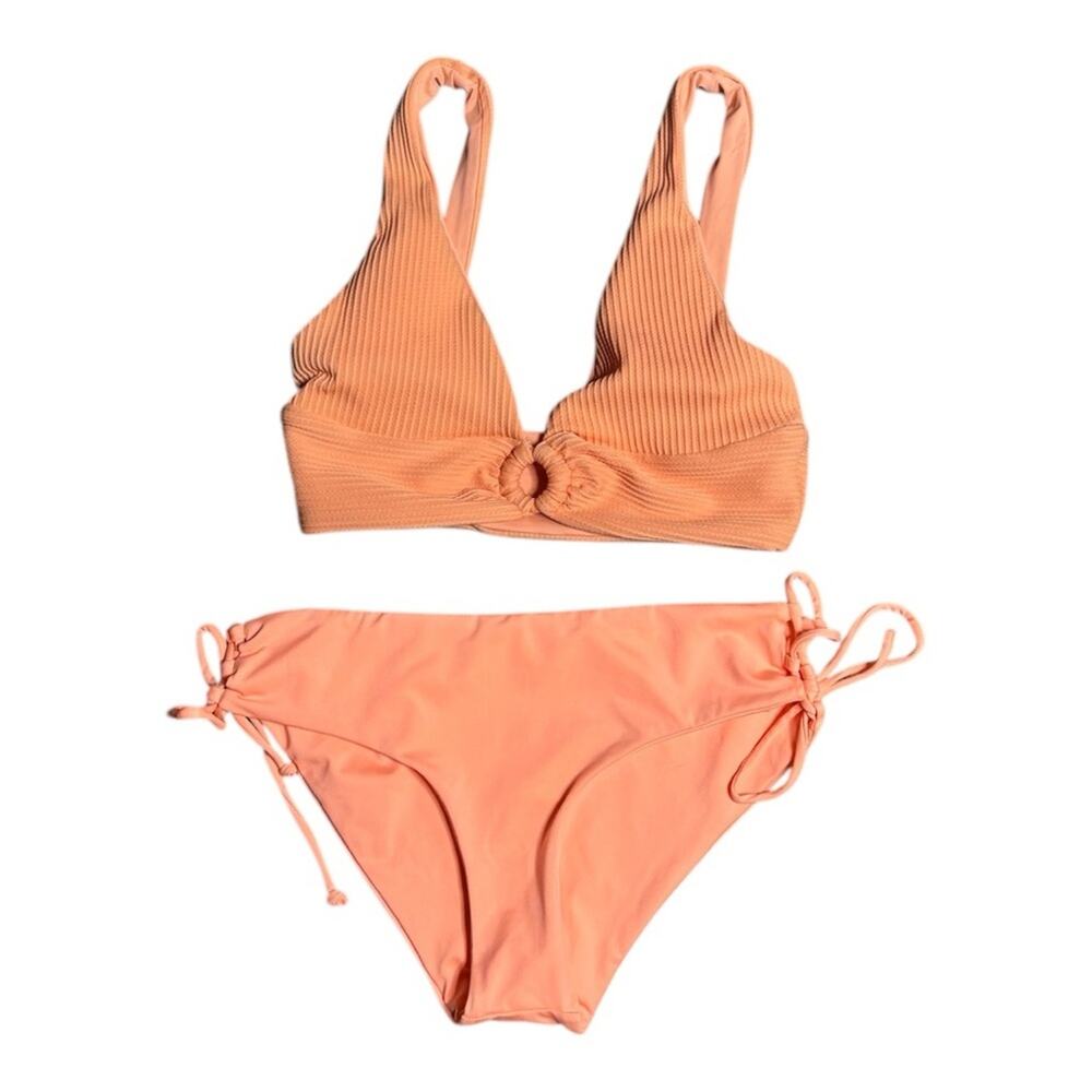L Space Light Orange Bikini Ribbed Top & Keyhole Bottom Side Ties Medium